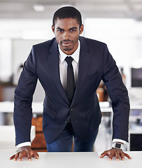 Image showing Portrait, businessman and positive in office with ambition and assertive in corporate career in workplace. Happy face, black person and entrepreneur with planning and professional in startup company