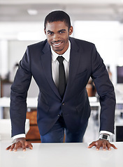 Image showing Portrait, businessman and happy in office with ambition and assertive in corporate career in workplace. Positive face, black person and entrepreneur with planning and professional in startup company