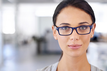 Image showing Glasses, office and portrait of business woman with confidence, pride and vision for company. Professional, corporate workplace and person with frame lens for career, job opportunity and working