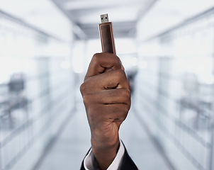 Image showing Hands, person and flash drive technology for data transfer, storage or backup memory on hardware. Closeup, fingers and digital usb stick for software, information or employee with electronic pendrive