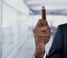 Image showing Hands, person and usb stick technology for data transfer, storage and backup memory on hardware. Closeup, fingers and digital flash drive for software, info and employee with electronic pendrive