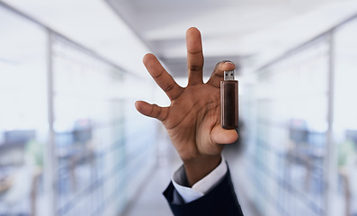 Image showing Hands, person and usb stick technology for data transfer, storage and backup memory on hardware. Closeup, fingers and digital flash drive for software, info and employee with electronic pendrive