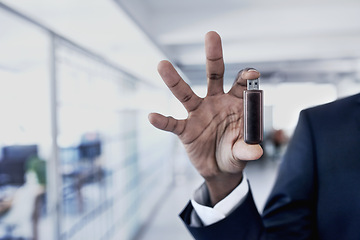 Image showing Hands, person and pendrive technology for data security, storage or backup memory on hardware. Closeup, fingers or digital usb stick for software, information or employee with flash drive electronics