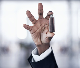 Image showing Hand, person and usb card technology for data security, storage or backup memory on hardware. Closeup, fingers or digital pendrive for software, information or employee with flash drive electronics