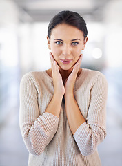 Image showing Excited, woman and portrait with surprise for news, announcement or shock in office. Professional, fashion and person with wow reaction to promotion, offer or hearing information in workplace