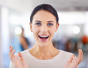 Image showing Excited, woman and portrait with surprise for news, announcement or shock in office. Professional, promotion and person with reaction to winning bonus, offer or hearing information in workplace