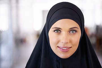 Image showing Happy, business and portrait of Muslim woman in office with confidence, pride and happy for company. Professional, workplace and face of person with positive attitude for career, working and job