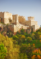 Image showing Athens, Greece and building with trees in sunlight, ancient architecture of history site in summer. Marble, stone temple in greek culture with forest landscape, Europe and valley to travel location
