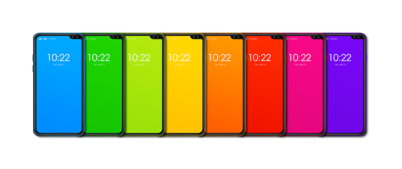 Image showing Rainbow colorful smartphone set banner. Isolated on white. 3D re