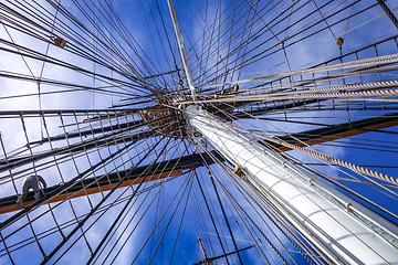 Image showing Old ship mast and sail ropes closeup