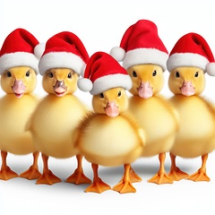 Image showing cute fluffy ducklings with santa hats on white 3d art generative