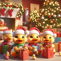 Image showing fluffy ducklings with gifts at christmas 3d art generative ai