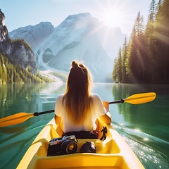 Image showing woman kayaking or canoeing on a flat water 