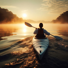 Image showing woman kayaking or canoeing on a flat water 