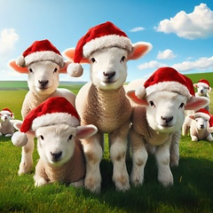 Image showing lambs in the grassy meadow wearing santa hats