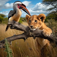 Image showing cute lion cub stalking and hunting a bird