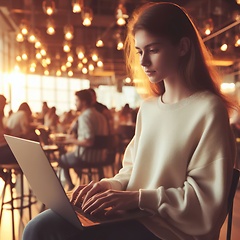 Image showing woman using a laptop in a restaurant 