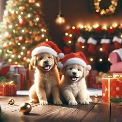 Image showing two cute puppy dogs wearing santa hats