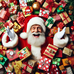 Image showing very happy santa claus is surrounded by gifts