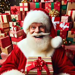 Image showing very happy santa claus is surrounded by gifts