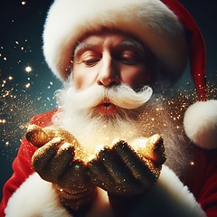 Image showing santa claus blowing magical golden glittering wishes generative