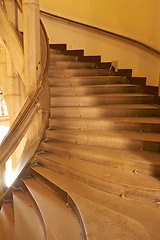 Image showing Vintage, building and architecture with stairs for mansion with ancient look or structure for decor. Classic, history and traditional castle as retro residence for cultural and heritage showcase.