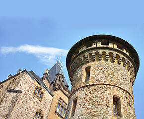 Image showing Architecture, history and building of temple or arcade in Germany. Traditional castle, museum and artistic walls in landscape or outdoor environment clouds, blue sky and rocks or marble for design