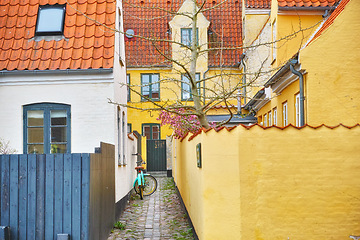 Image showing Town, house and bicycle in alley with architecture for heritage or traditional community with colorful buildings. Village, street and cultural in small neighborhoods with rich history in Germany