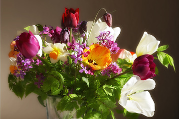 Image showing Flowers, bouquet and spring plant in a vase in a home with green and colorful floral arrangement. Rose, petal and blossom from garden for a gift, present or giving in house with bloom and no people