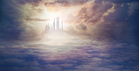 Image showing Heaven, sky and castle with light for fantasy, creative imagination and surreal with sunrise, clouds and sunlight. Mystical, mansion and architecture for holy paradise, religion and spiritual palace