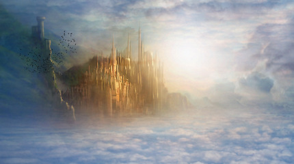 Image showing Heaven, clouds and castle with light for fantasy, creative imagination and eternity with birds, sky and sunlight. Mystical, mansion and architecture for holy paradise, religion and spiritual palace