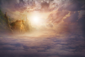 Image showing Heaven, sky and castle with light for fantasy, creative imagination and eternity with birds, clouds and sunlight. Mystical, mansion and architecture for holy paradise, religion and spiritual palace