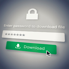 Image showing Cybersecurity, download and password with icon on screen to select or click button symbol for access. Computer, code or data protection with cursor on display for file or information sharing online