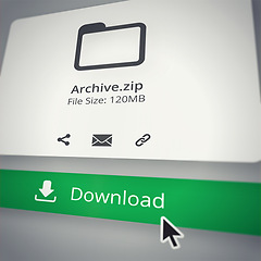 Image showing Html, download and archive zip with file size or digital content and webpage attachment of information research. Storage, delivery and online archives with pointer or cursor and media in technology