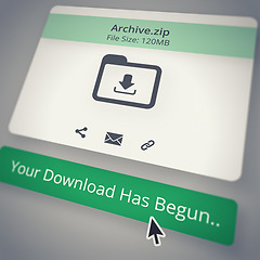 Image showing Attachment, email and download with progress on screen for computer, data or information technology. App, cloud computing or storage online with icon display on device for network communication