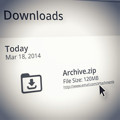 Image showing Webpage, downloads and archive zip for digital or internet content and email attachment of information research. File storage, delivery or online archives with pointer or cursor or technology to save
