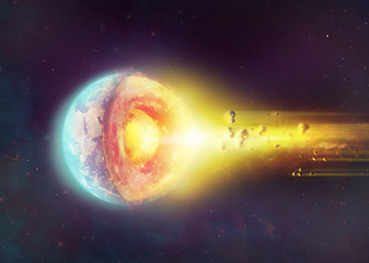 Image showing Earth, meteor shower and explosion in space, core structure and asteroids for fire in universe. Armageddon, apocalypse and mantle by comet or meteorite destruction, planet and catastrophe in orbit