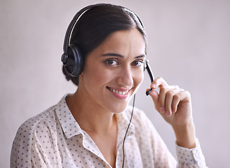 Image showing Business, woman and portrait with headset for consulting for customer service or assistance with crm. Female telephone operator, agent and representative with microphone for telecommunication career