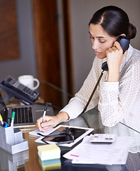 Image showing Woman, desk and laptop with telephone, call and notes for booking with communication and work. Secretary, workspace and notepad for schedule, planning and solution for small business or startup