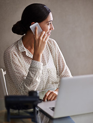 Image showing Business, woman and phone call in office for conversation on work, communication and speaking for networking. Female person, talking and discussion on startup company with laptop for research.