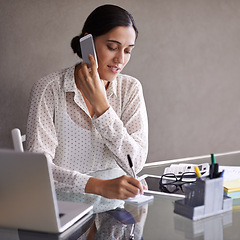 Image showing Businesswoman, phone call and office with laptop, desk and cellphone in meeting. Technology, computer and writing notes for financial advisor, manager and communication with client for budget