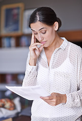 Image showing Stress, document and business woman reading in office for corporate finance data project. Frustrated, doubt and worried professional female financial advisor working with paperwork in workplace.
