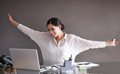 Image showing Happy, celebration and woman with laptop in office for good news, job promotion or career achievement. Smile, professional and female financial advisor with completed finance project on computer.