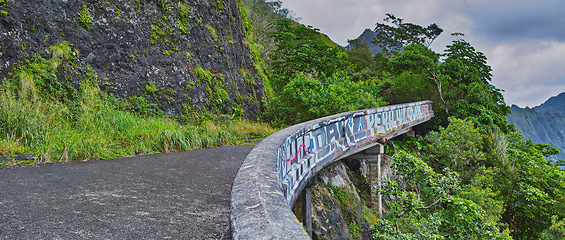 Image showing Mountain, road or bridge with countryside nature for holiday vacation scenery in Sweden or forest. Background, natural or street for journey, travel or outdoor adventure with woods, trees or tourism