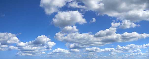 Image showing Blue sky, cloud and banner with weather of nature, outdoor climate or natural scenery in the air. Landscape with clean ozone, view or skyline of heaven, condensation or cloudy day in the atmosphere