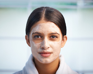 Image showing Skincare, portrait and woman with face mask in bathroom for wellness, treatment or cosmetics. Facial, cleaning and female person relax with beauty, product or exfoliate, dermatology and diy spa scrub