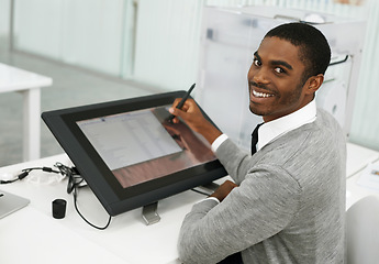 Image showing Happy, drawing and portrait of man with tablet designer in office for creative project for sketch. Smile, industry and African architect work on digital blueprint or illustration with technology.