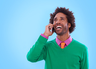 Image showing African man, phone call and afro with smile, businessman and thinking on studio background. Cellphone, laughing and talking with mockup space, professional and vibrant style for happy male person