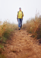 Image showing Woman, hiking and fitness in nature with stick for journey, outdoor adventure and wellness in winter background. Travel, low angle and person in trekking pole for explore, mobility or balance.