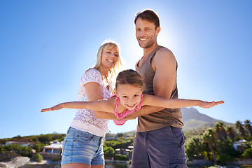 Image showing Love, airplane and parents lifting child at a beach for travel, fun or bonding in nature together. Freedom, support and family at sea for morning games, playing or flying adventure in South Africa